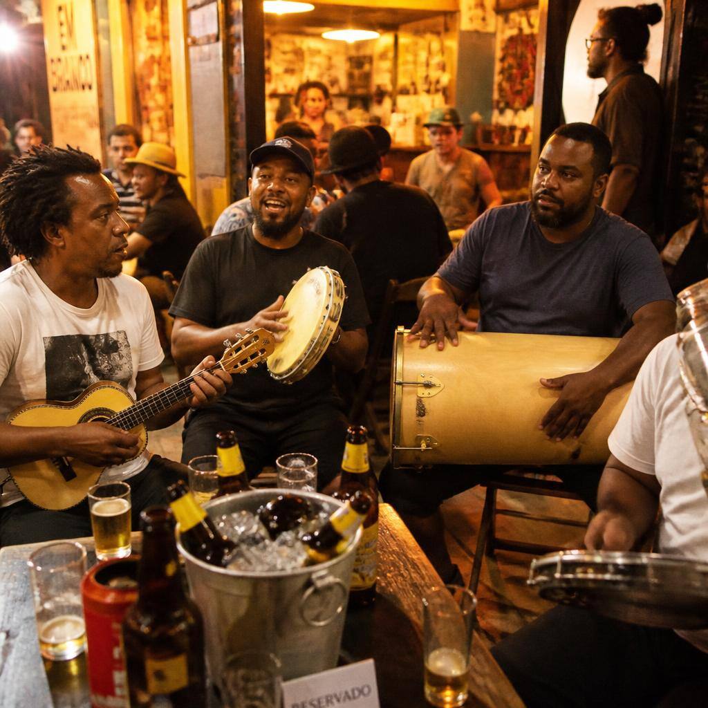 Roda de samba com cavaquinho, pandeiro e tantã