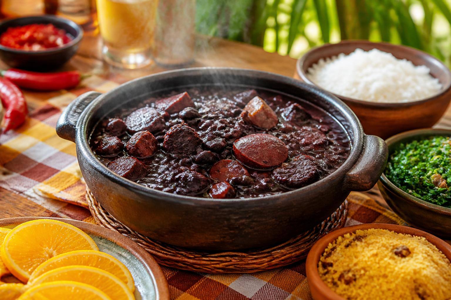 Feijoada tradicional em panela de barro com arroz, couve, farofa e laranja